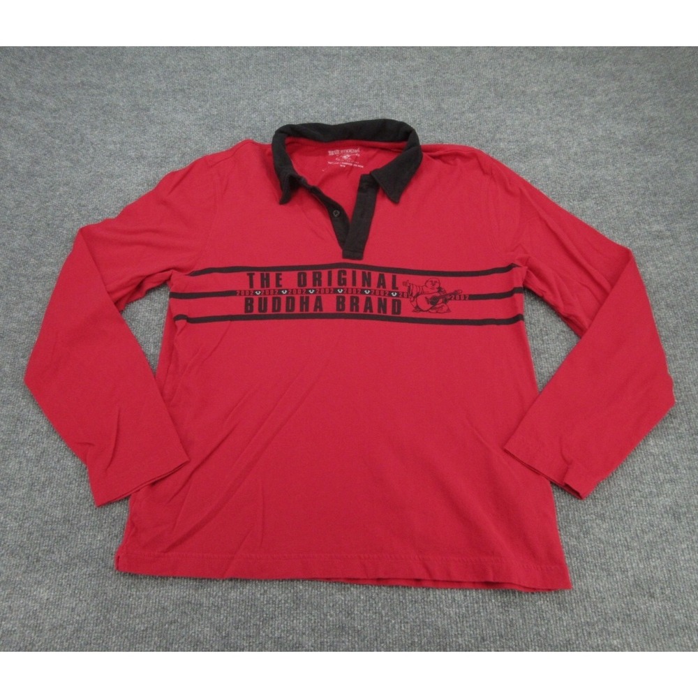 True Religion Mens Polo Shirt Regular Red Buddha Brand Graphic Long Sleeve M
